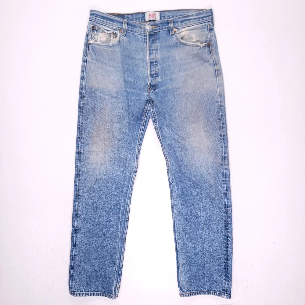 Levis‎ 501 Original Straight Leg Light Wash Distressed Jeans Mens 34x32